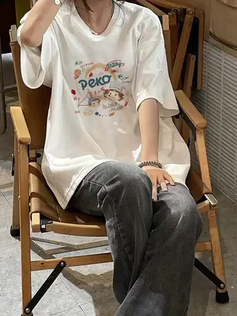 白色仿棉短袖t恤女2023年新款夏季小众设计感美式复古宽松上衣服商品大图