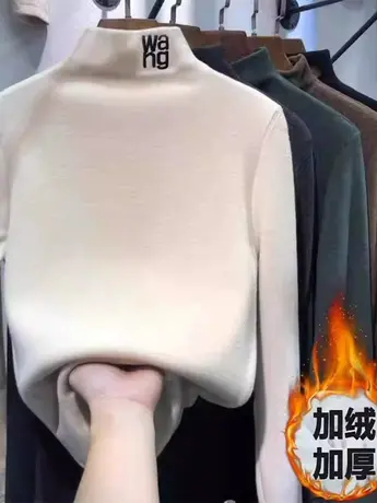 双面德绒半高领打底衫女2023年秋冬新款内搭加绒加厚长袖保暖上衣商品大图