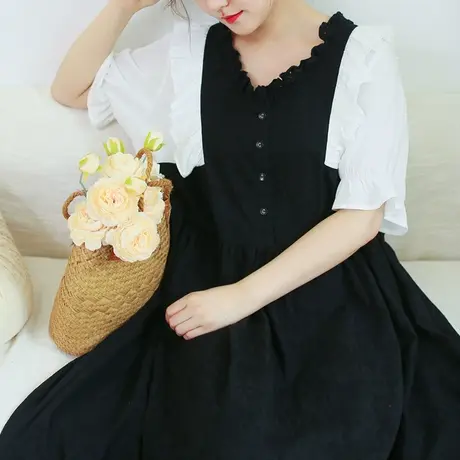 夏新品法式撞色宫廷连衣裙大码肌理暗纹复古长裙商品大图