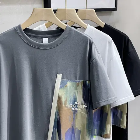 2023新款艺术涂鸦时尚男士T恤圆领百搭休闲打底半袖潮流拼接短袖t商品大图