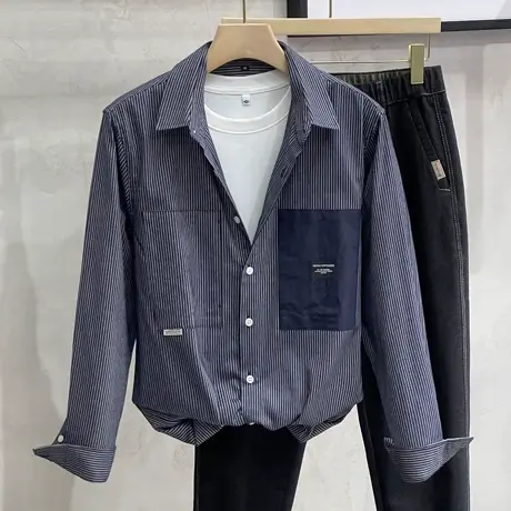 春秋款日系复古条纹拼接衬衫男士潮宽松休闲百搭衬衣痞帅外套秋季商品大图