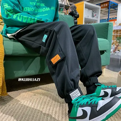 运动卫裤男春秋潮牌加绒重磅魔术贴束脚裤高街宽松大码工装休闲裤商品大图