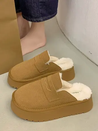 包头半拖鞋女冬季外穿厚底复古加绒勃肯2023新款羊羔毛毛棉拖爆款商品大图