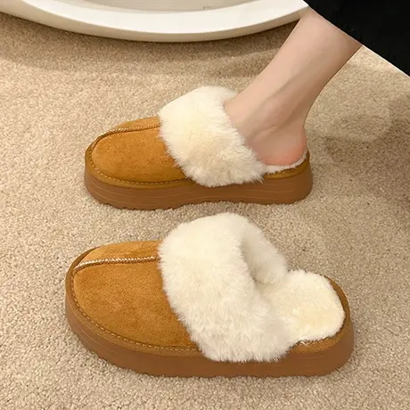 网红毛毛拖鞋女外穿2023年秋冬新款厚底松糕加绒防滑包头棉拖鞋潮商品大图