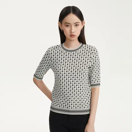 LANCY/悦朗姿2023新款印花短袖针织衫女高级感通勤显瘦上衣奥莱图片