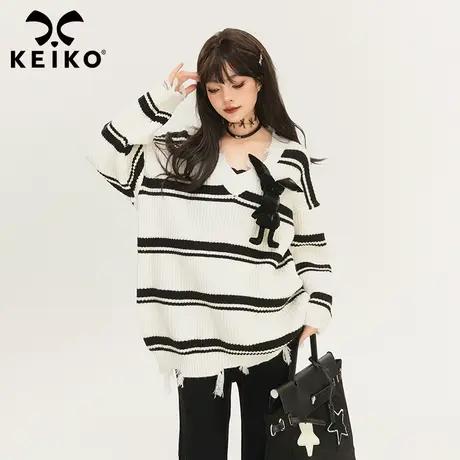 KEIKO [兔公仔可拆解] 慵懒宽松条纹白色毛衣女大V领显瘦针织上衣图片