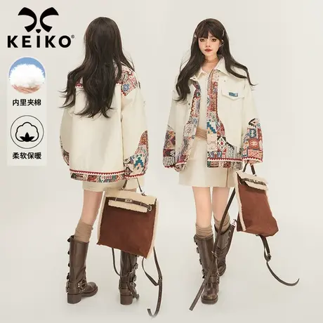KEIKO 异域风白色皮衣外套女2025春季复古提花拼接机车PU皮夹克图片