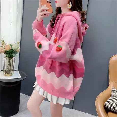 学院风减龄甜美连帽毛衣女秋冬外穿宽松加厚超好看软糯针织衫上衣图片