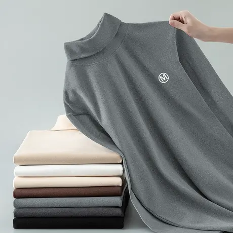 300g重磅双面德绒t恤男士长袖高领印花上衣服秋冬保暖内搭打底衫商品大图