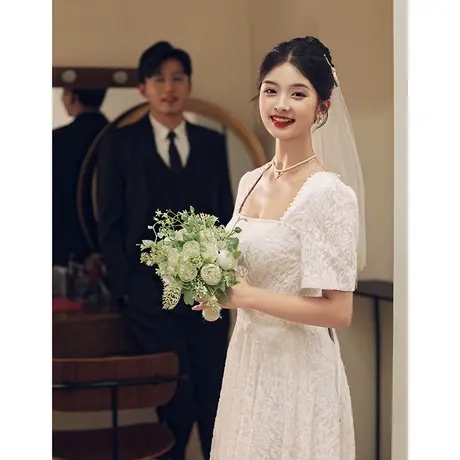 白色订婚连衣裙登记领证小白裙女夏季法式方领礼服平时可穿中长款商品大图