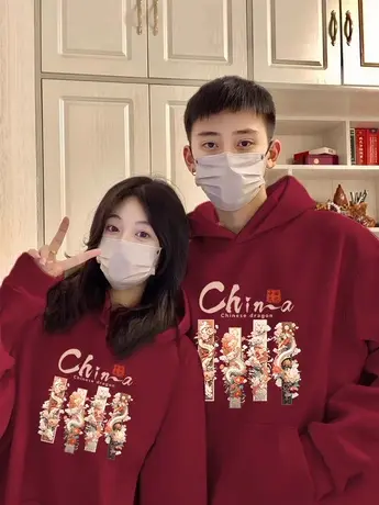 2024新款国风连帽卫衣女酒红大码情侣上衣ins冬季加绒高级感外套商品大图