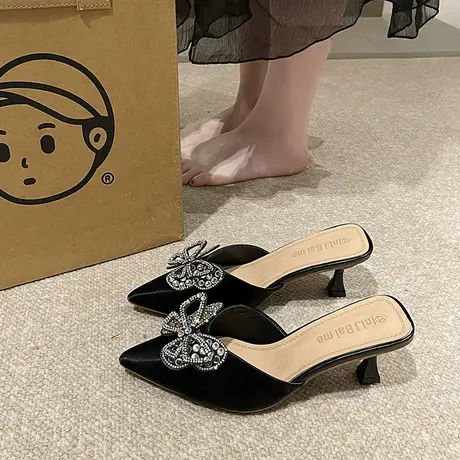 细跟拖鞋女外穿2024春夏季新款时尚仙女风水钻尖头高跟包头半拖鞋商品大图