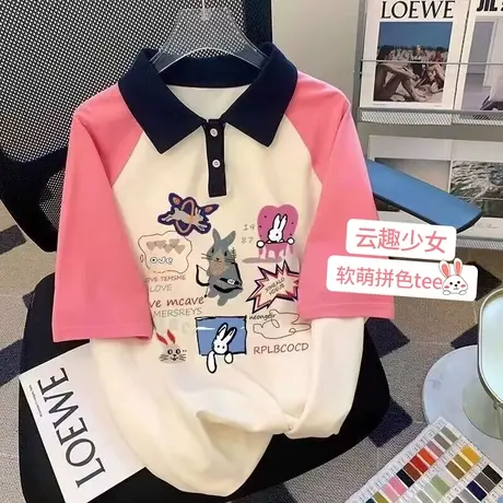 纯棉美式polo衫短袖t恤女夏季新款设计感小众韩版宽松上衣服潮牌图片