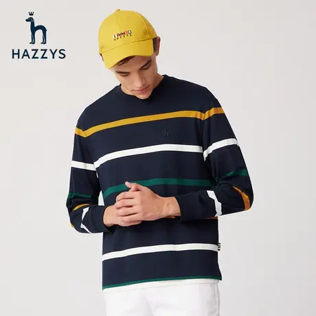 Hazzys哈吉斯春季新品男士条纹圆领长袖T恤韩版宽松男装潮流卫衣图片