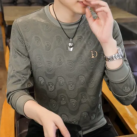 2024春季新款男士加绒加厚长袖T恤加肥加大码卫衣打底衫宽松秋衣图片