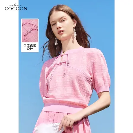 missCOCOON新中式格纹针织衫女2023夏装新款百搭气质减龄短袖上衣商品大图
