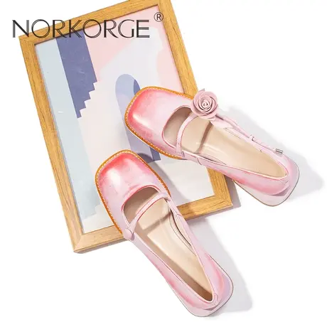 2023新款春秋仙女风蜜桃粉玛丽珍单鞋伴娘鞋女真皮方头粗跟中跟鞋图片