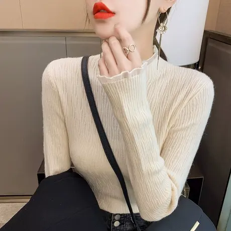 半高领毛衣女蕾丝打底衫2023秋冬新款镂空外穿针织衫修身内搭上衣商品大图