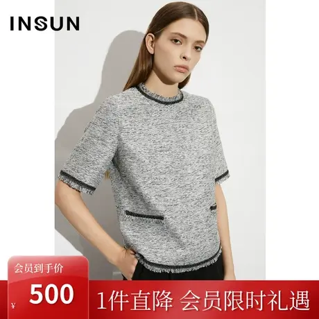 恩裳COVER2023夏新款金银葱肌理色织小香风撞色织带冰丝短款衬衫图片