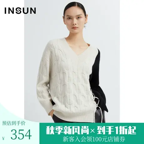 恩裳2022冬季时尚撞色拼接个性空转绳点缀羊毛针织衫图片