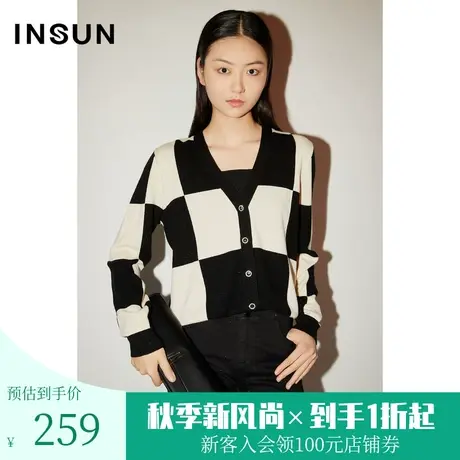 [欧普艺术]恩裳COVER秋季新款舒适羊毛棋盘格休闲针织衫外套图片