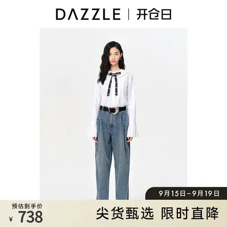 DAZZLE地素奥莱秋学院风百褶荷叶边蝴蝶结长袖白衬衫内搭上衣女商品大图