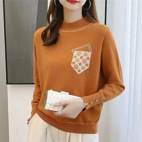 半高领假口袋设计感长袖毛衣女2023秋冬新款复古风针织衫套头上衣商品大图