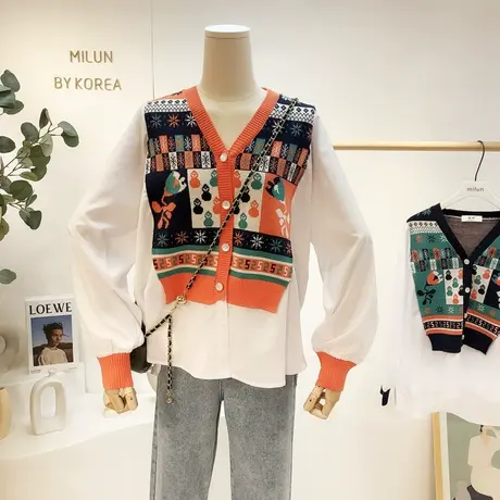 2021秋季新款衬衫韩版复古设计感针织拼接衬衣假两件上衣欧货宽松商品大图