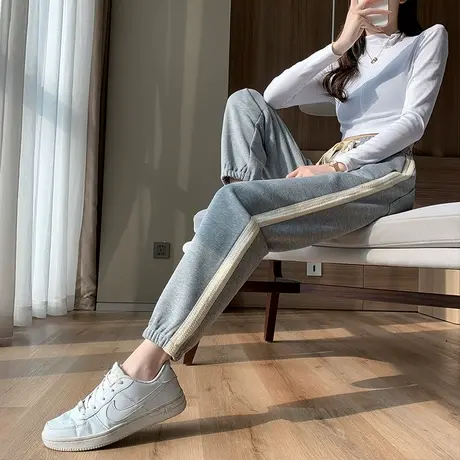 灰色运动裤女束脚2023年春季新款高腰宽松显瘦ins九分休闲卫裤潮商品大图