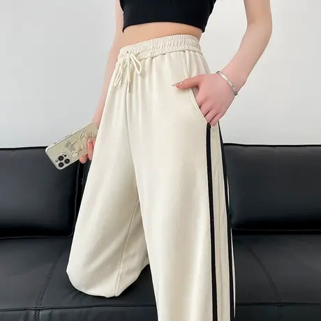 铜氨丝阔腿裤女春夏薄款高腰垂感窄版直筒宽松显瘦休闲条纹拖地裤图片