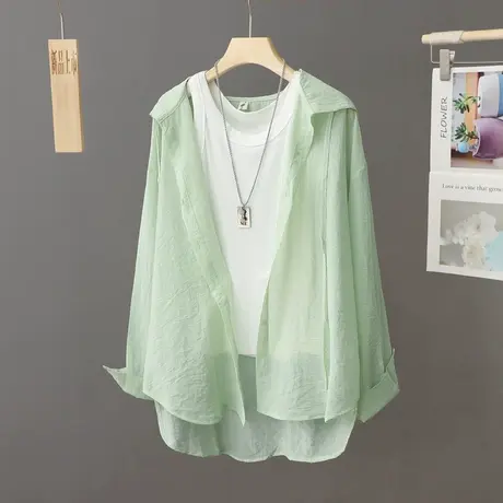 外搭连帽外套夏季防晒衣女士微透轻薄棉防晒衫衬衫长袖开衫中长款商品大图