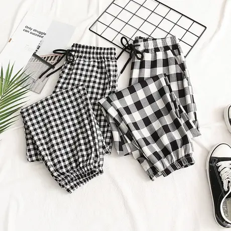 黑白格子裤女夏季薄款雪纺哈伦裤高腰宽松休闲显瘦束脚九分萝卜裤图片