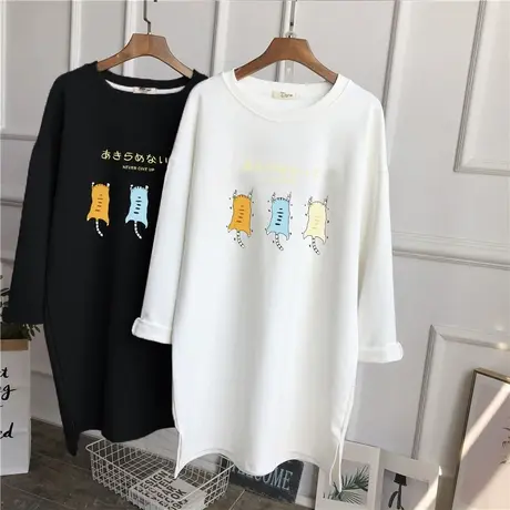 长袖t恤女中长款磨毛上衣打底衫2022新款宽松韩版休闲内搭百搭潮商品大图