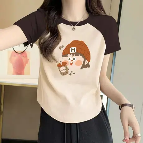 欧货拼接咖色纯棉正肩短袖女夏新款港味复古chic插肩短款T恤上衣图片