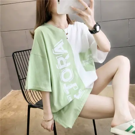 网红ins超火短袖t恤女夏韩版宽松大码中长款拼色港风半袖上衣服潮图片