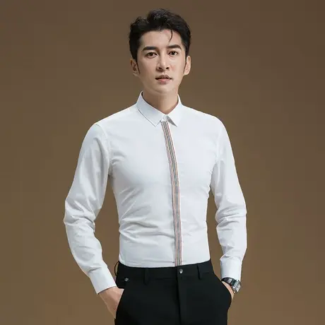 衬衫男士新款暗门襟条纹韩版潮流修身上衣商务休闲正装长袖白衬衣商品大图