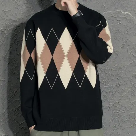 秋冬季菱形日系原创潮牌圆领打底衫毛衣男宽松加厚针织衫男生外套商品大图