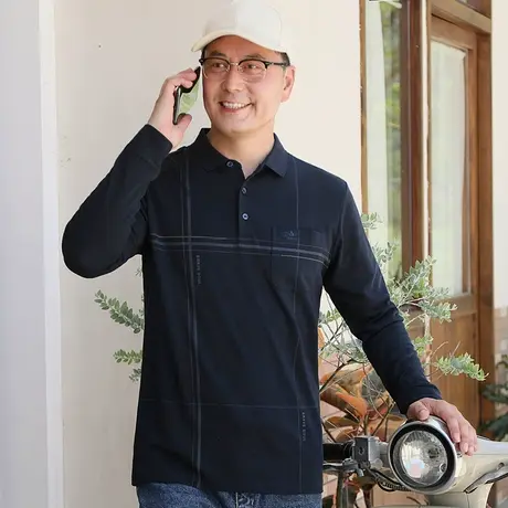 中年男士长袖t恤加厚款爸爸polo衫打底上衣服春秋季老年人爷爷装商品大图