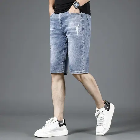 蓝色破洞牛仔短裤男2023新款宽松弹力休闲男士中裤六分裤青年商品大图