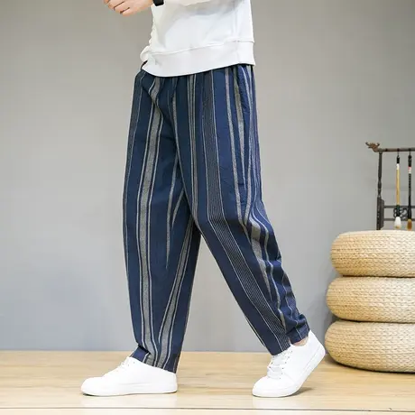 秋冬季男竖条纹图案休闲裤中国风亚麻裤子大码宽松脚口开叉男长裤商品大图