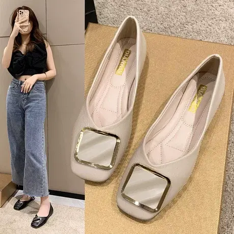 2023夏季新款单鞋复古奶奶鞋方头平底鞋女浅口软皮瓢鞋百搭女鞋潮商品大图