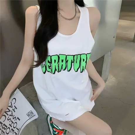 美式复古纯棉吊带运动坎肩背心无袖t恤女夏季外穿宽松篮球服上衣图片