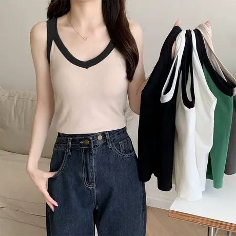 纯欲辣妹撞色针织吊带背心女夏季甜辣风V领修身短款内搭外穿上衣商品大图