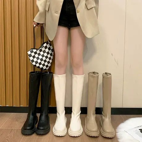 不过膝高筒长靴女2024年新薄款夏秋季厚底小个子白色显瘦骑士靴子图片