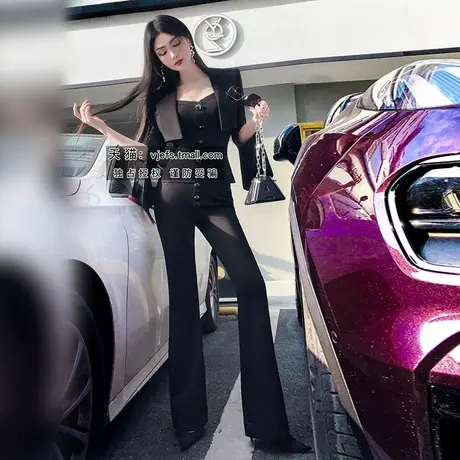 VJE春季黑色职业三件套2023新品气质T恤短款外套高腰喇叭裤套装女图片