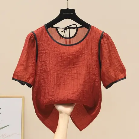 欧货洋气甜美短袖雪纺衫女上衣别致减龄遮肚子小衫小个子衬衫女装图片