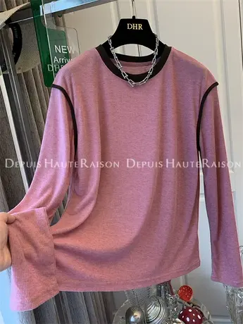 气质撞色圆领坑条针织长袖T恤上衣女宽松休闲设计感小众新款打底图片