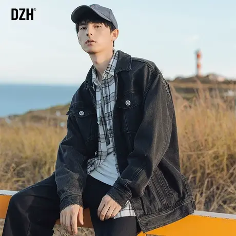 男士休闲黑色日系复古工装牛仔外套男潮牌宽松秋季翻领上衣夹克衫商品大图