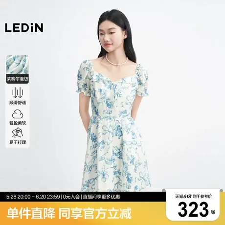 乐町插画师图案刺绣波浪边翻领连衣裙女2025年夏季新款泡泡袖裙子商品大图
