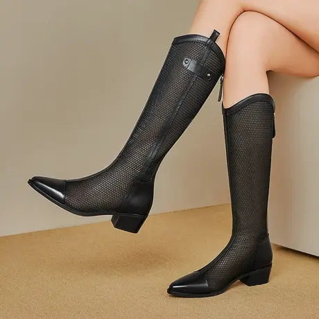 夏天穿长筒靴女薄款透气网纱真皮镂空高筒骑士靴V口网靴粗跟凉靴商品大图